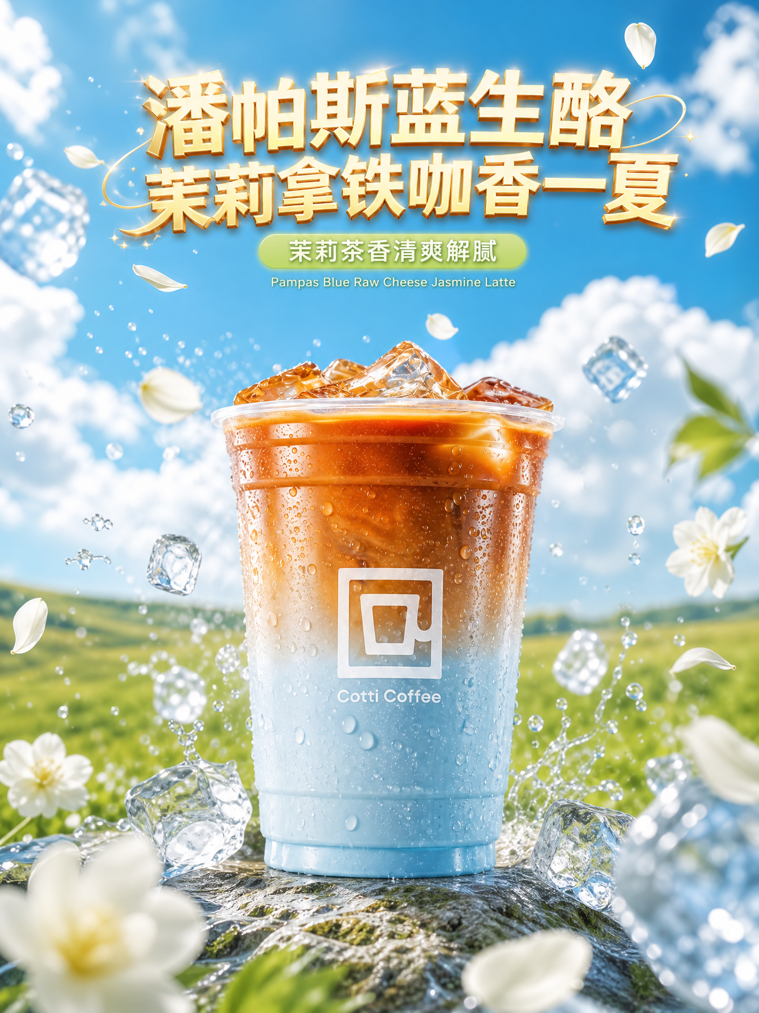 竖版夏日饮品电商海报，低角度广角大透视，视觉冲击力极强，画面中… - 图片创意预览