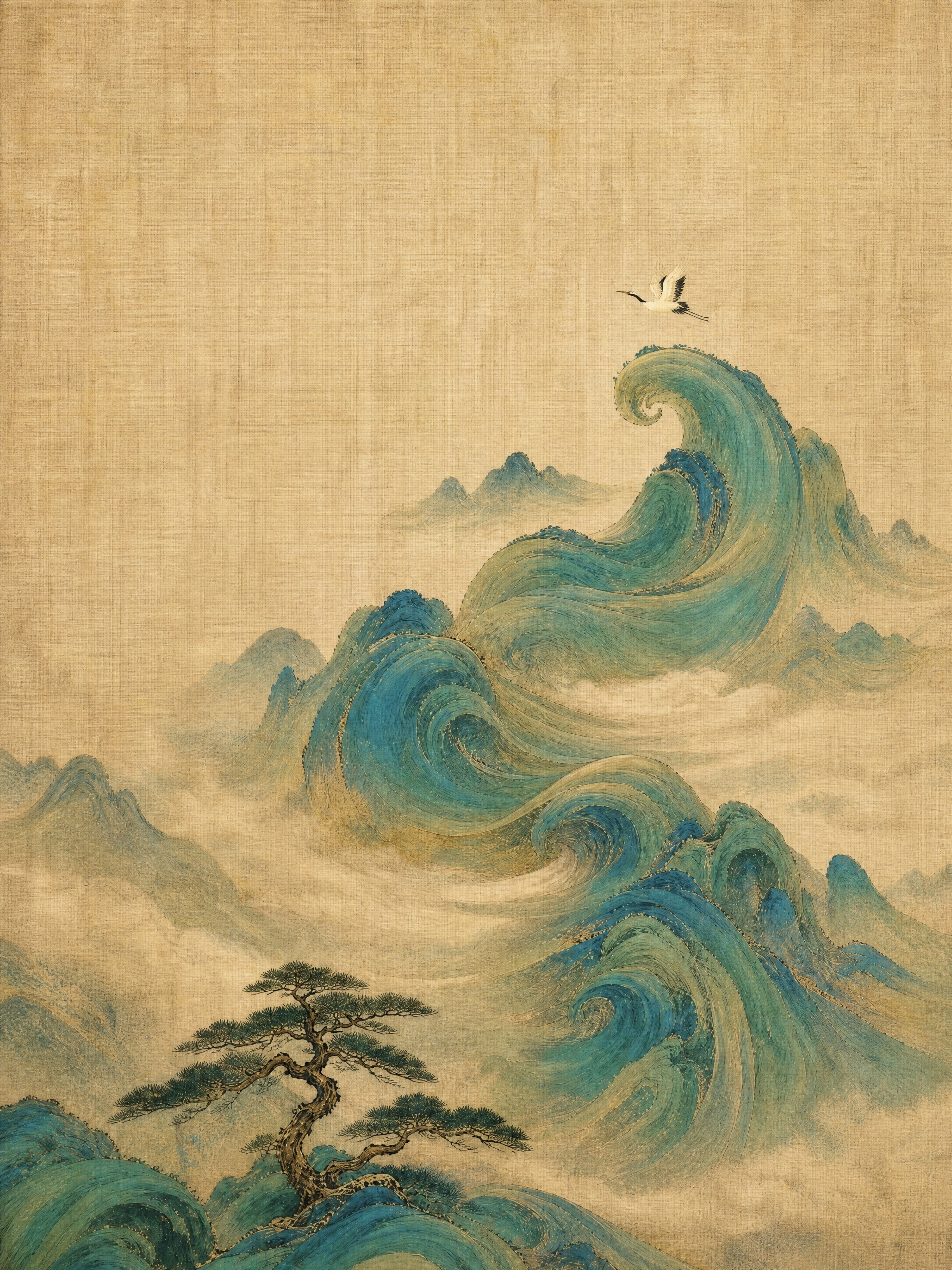 参考图中所有画面元素保持完全不变：左下角苍劲古松、层叠如山的青… - 图片创意预览