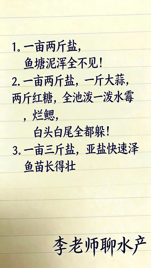 干净的浅黄色横格笔记本背景。平面手写字体设计，深蓝色字体，保留参考图中的手写书法风格和笔画形态，文字竖向排列，内容为：
"1。 一亩两斤盐，鱼塘泥浑全不见！
2。 一亩两斤盐，一斤大蒜， 两斤红糖，全池泼一泼水霉 ，烂鳃，白头白尾全都躲！
3。 一亩三斤盐，亚盐快速泽鱼苗长得壮
李老师聊水产"，所有文字完整呈现，结构清晰可识别，保留参考图的纸张质感和手写风格，画质高清。比例9:16
