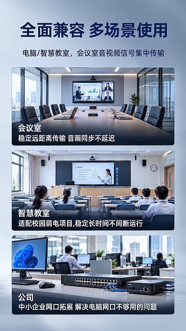 基于参考图重新生成电商详情页，延用第一张的大气简约商务科技风格和9:16竖版排版，高级灰渐变背景，字体稳重专业。文案全部保持不变：顶部大标题"全面兼容 多场景使用"，副标题"电脑/智慧教室，会议室音视频信号集中传输"，三个横向场景框纵向排列。第一个框文字"会议室 稳定远距离传输 音画同步不延迟"，框内生成现代化企业会议室多媒体场景图；第二个框文字"智慧教室 适配校园弱电项目,稳定长时间不间断运行"，框内生成智慧教室教学场景图；第三个框文字"公司 中小企业网口拓展 解决电脑网口不够用的问题"，框内生成企业办公网络设备场景图。每个黑色框内填充对应高清实景图，文字置于图片底部，整体排版整齐统一，风格大气简洁不花哨，适配电商详情页，中文界面。