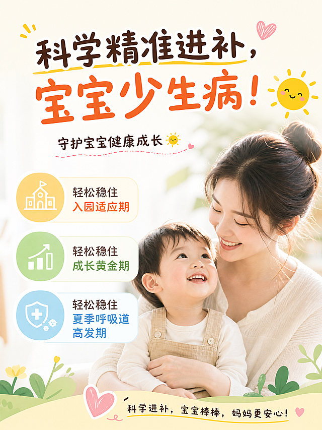 小红书母婴图文详情页第六张，主题结尾：科学精准进补，宝宝少生病！，文字内容：轻松稳住入园适应期、成长黄金期、夏季呼吸道高发期，守护宝宝健康成长🌞，风格清新温暖亲子风，简洁干净图文排版，配色明亮柔和，适合母婴分享，整体比例3:4