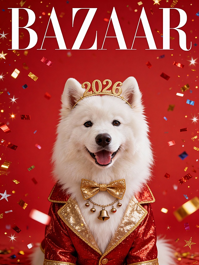 主体是图中宠物，居中构图聚焦宠物主体，换上红金闪丝跨年外套，搭配金色镶边领结，头戴带 “2026” 字样的金色新年发箍，颈间挂着小铃铛串；背景为正红色，加入彩色纸屑如星雨般从画面四周散落，交织着金红相间的闪光碎片，上方刊头设为 “BAZAAR”。