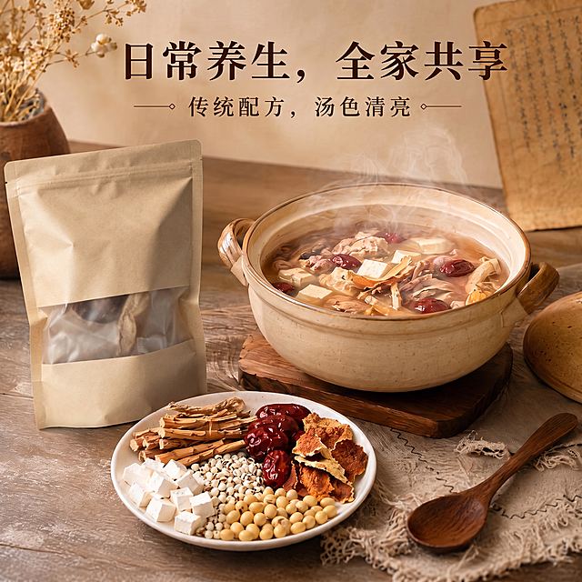 将图中原有的带文字和图案的包装替换成第三张白底图里的牛皮纸包装，保持原图的整体构图、文字内容、旁边的汤品和配料展示以及背景风格不变，替换后的包装和原图场景光影自然融合，生成尺寸为800*800