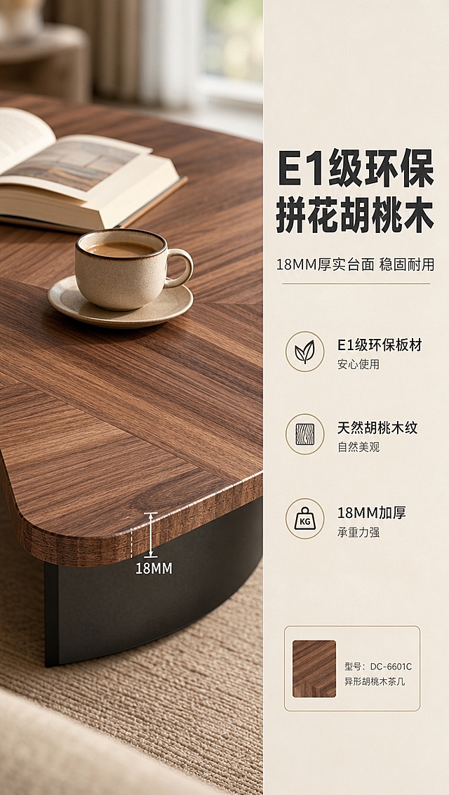 [商品] 使用【图1】异形胡桃木茶几（型号DC-6601C）；保留胡桃木拼花纹理、台面厚度和颜色；做台面局部特写，放大展示18MM厚度和拼花木纹细节，木纹清晰自然。
[画面] 目标：台面材质深度证明，展示E1级环保拼花胡桃木。构图：左图右文，左侧2/3为茶几台面边角微距特写，清晰展示木纹拼接工艺和18MM板材厚度，右侧1/3为文案说明区。台面上放置一本打开的书和一杯咖啡作为参照，体现使用场景。背景虚化，突出木纹质感。
[视觉] 套系策略：风格=高级轻奢现代家居商业摄影；标题字=现代简约粗黑体；正文字=纤细无衬线体；主色=暖米白+胡桃木棕；背景延展=基于暖米白做深浅层级、同色渐变和细腻墙面/织物质感；强调色=灰钛金属色，仅用于小面积图标、引线和标签；标题色=深炭灰；正文色=中暖灰；组件=细线信息卡、极简引线、圆形icon；光影=左前侧暖柔光，自然光从落地窗洒入，柔和通透。
[文字] 右侧文案区：主标题「E1级环保 拼花胡桃木」（9字），副标题「18MM厚实台面 稳固耐用」（10字）。卖点3条：「E1级环保板材 安心使用」「天然胡桃木纹 自然美观」「18MM加厚 承重力强」。配小图标增强可读性。
[规格] 图片比例9:16竖版，4K分辨率，淘宝/天猫适配，中文文案，避免变形、错字、文字过小、冷蓝背景、木纹不自然。