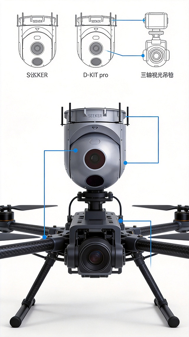 安装图示模块，展示SEEKER D-KIT pro三轴光电吊舱安装在无人机机架上的示意图，标注安装位置，简约工业科技风，深空灰+科技蓝配色，图示清晰，排版干净留白充足