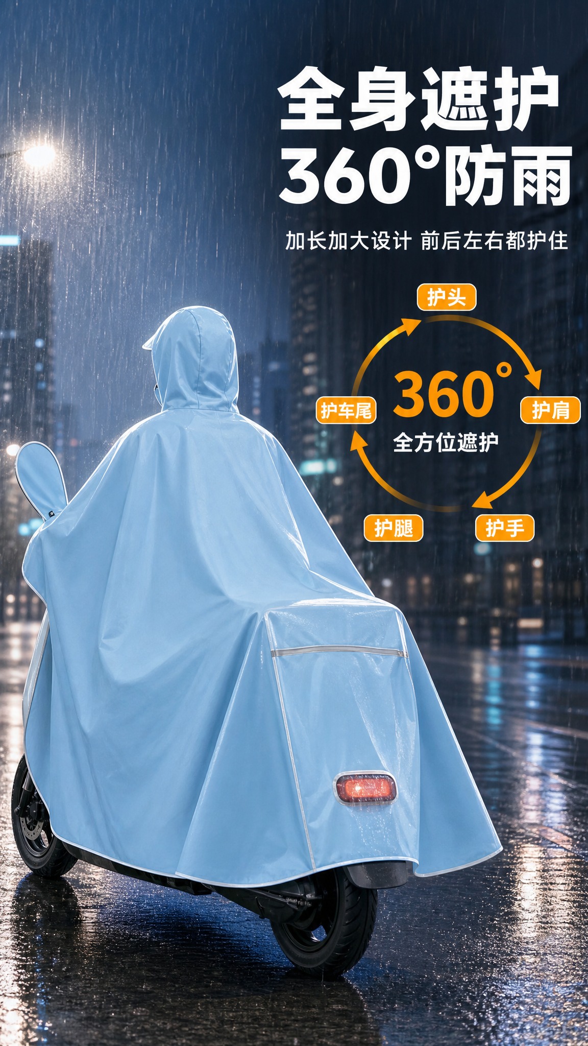 [商品] 使用【图1】浅蓝色电动车带袖雨衣；保留全部结构和浅蓝… - 图片创意预览
