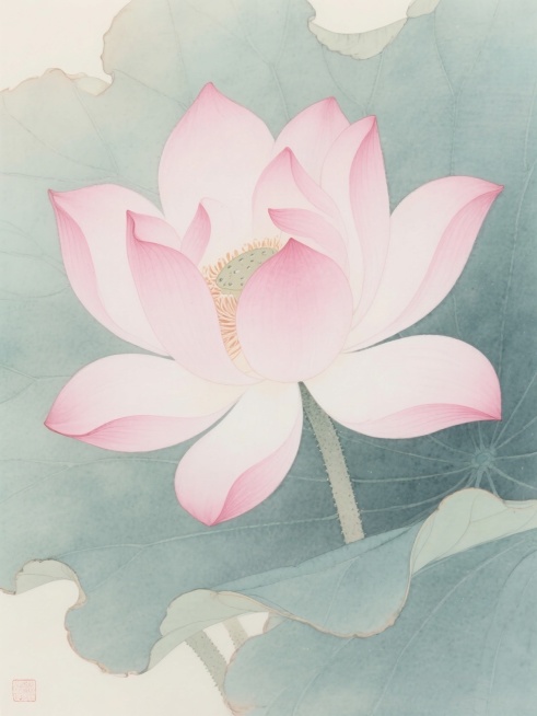 工笔画风格插画，大朵莲花，没有荷叶只有荷花，花朵完整展示没有遮挡，颜色粉嫩，晕染质感，灵动飘逸的笔触，柔和渐变的色彩过渡，轻盈的氛围，细节丰富且清晰预览效果