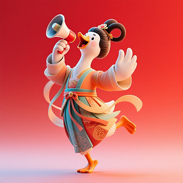 （嫦娥服饰和发型）的拟人化鹅抱着一个喇叭跳起来呐喊，红色渐变背景。全身，元素完整，动态