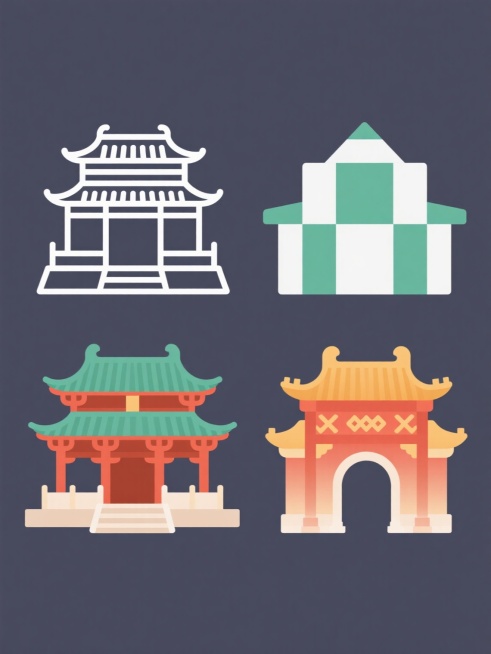四个不同造型的中国传统宫殿建筑图标组成的系列素材集合，每个图标保持宫殿的核心结构（双层屋顶、斗拱、台阶、立柱、拱门），但造型设计各具特色：第一个为简约线条风格，第二个为几何块面风格，第三个为略带装饰纹样的风格，第四个为扁平化渐变风格。每个图标采用不同的纯色背景和主体色彩，色彩鲜明且和谐，整体呈规整的2x2网格排布，构图平衡，视觉层次清晰，具有统一的系列感和现代设计感。预览效果