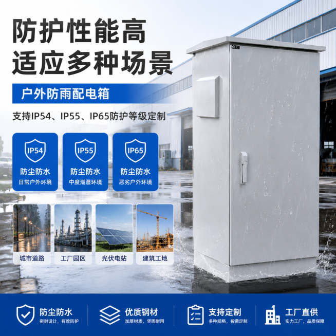 户外防雨配电箱卖点展示，突出高防护性能，支持IP54、IP55、IP65防护等级定制，满足不同户外环境，配文案“防护性能高 适应多种场景”，工厂实力风，1:1构图，适配爱采购平台预览效果