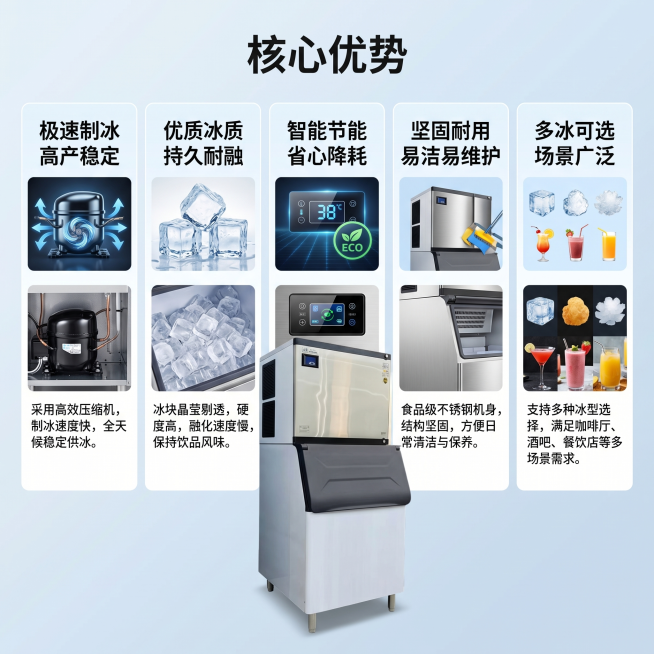 [主图 2] 商用制冰机五大核心卖点展示图。
[氛围风格] 干净清爽模块化风格，分模块展示，图文对应，参考图2的干净简约排版
[画质] 商业摄影质感、光线柔和通透、产品清晰真实、画面干净高级。
[元素预览效果