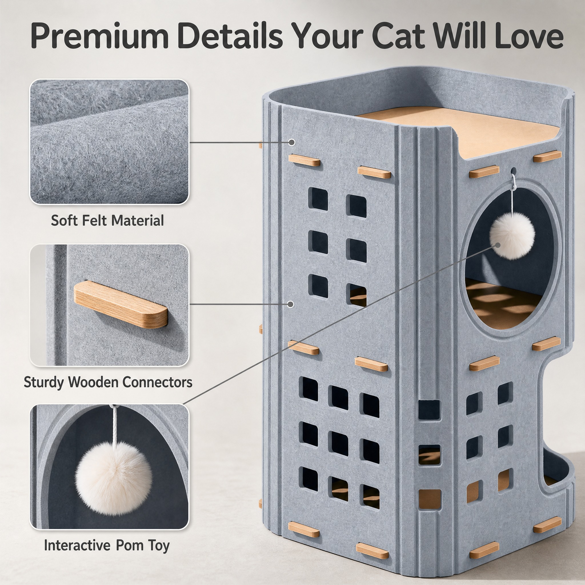 [主图-3] 3-Story Felt Cat Cave To… - 图片创意预览