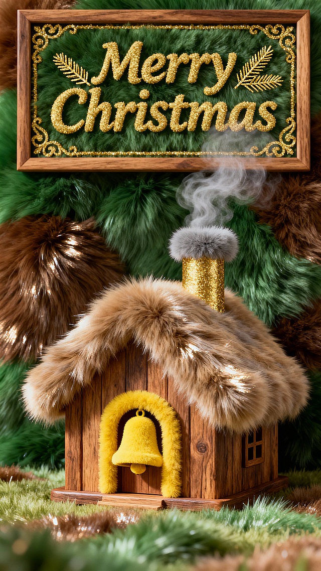 主体是木质圣诞配色小屋，金色烟囱冒浅灰烟，门口摆黄铃铛。画面顶部金色的手绘英文字体书写着 “Merry Christmas” 标题，配金色松针线条，边框是木质嵌金的欧式纹，背景为绿棕色