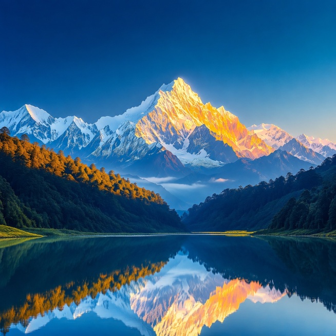 参考原图的色彩风格和日照金山、湖面倒影的画面内容，重新生成该风景作品预览效果