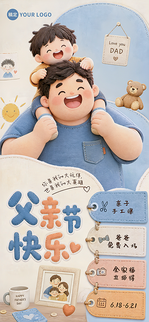 父亲节节日活动宣传温馨卡通风全屏竖版海报