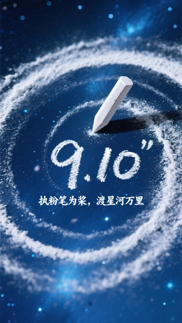白色的粉笔字“9.10”，下面有一行小字“执粉笔为桨，渡星河万里”，展现粉笔的纹理和粉末颗粒感。放在深邃星空宇宙蓝背景，极细的粉笔粉末形成旋涡，旋涡的上面有跟粉笔，预览效果