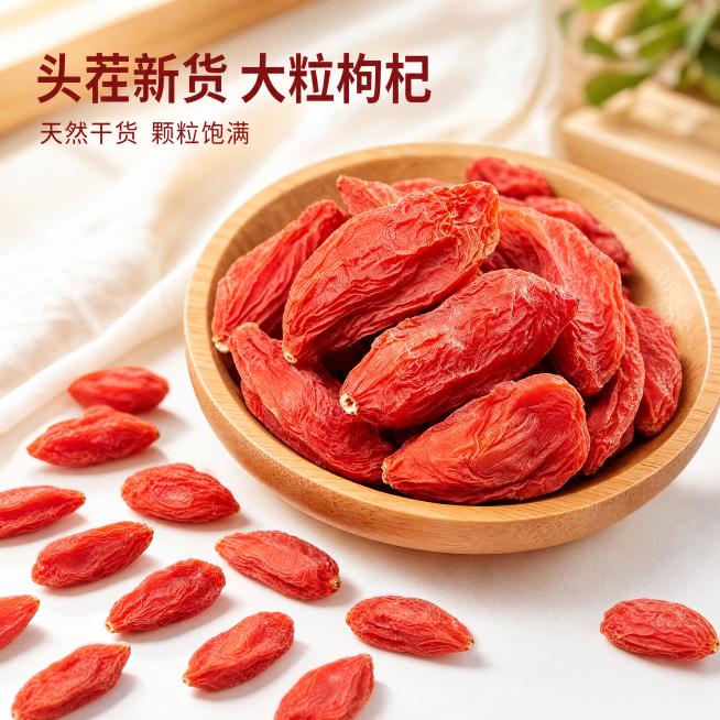 [主图-1] 红枸杞产品首图；
[氛围风格] 家居治愈风；
[画质] 商业摄影质感、光线柔和通透、产品清晰真实、画面干净高级；
[元素] 天然红枸杞干货装在原木碗中，散落在纯白哑光台面上，产品居中摆放预览效果