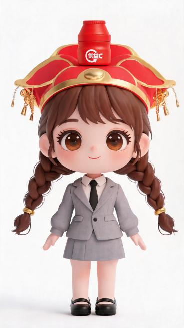 将财神帽子正中间的装饰替换成图中的优益C小红瓶，保持其余形象不变，三维风格，可爱Q版全身形象预览效果