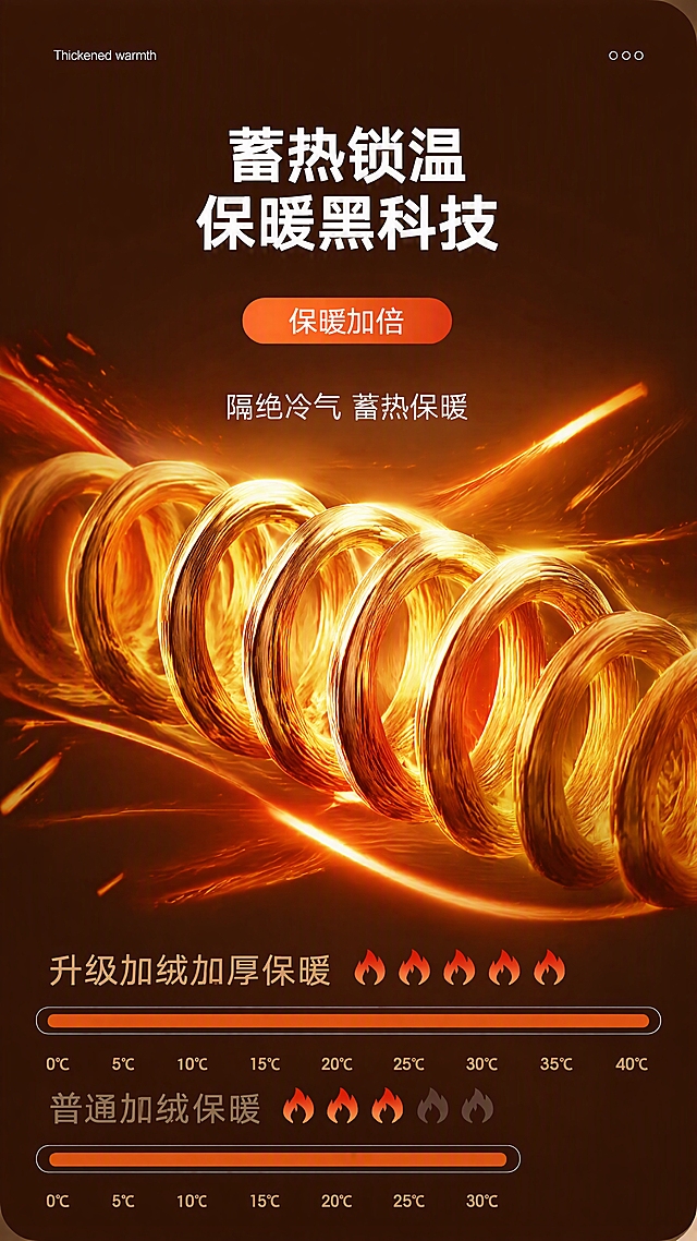 参考第一张图的整体版式和暖橙色调风格，将画面中部的波浪纤维纹理替换为高镍发热丝螺旋结构，呈现发光的金属螺旋发热丝效果，带有炽热橙黄色光芒和能量流动感，保留顶部"蓄热锁温 保暖黑科技"标题、"保暖加倍"按钮、"隔绝冷气 蓄热保暖"副标题，保留底部温度对比条和火焰图标，整体为高端科技感保暖产品宣传海报，深棕色渐变背景，光影通透，质感高级