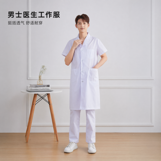 [主图-1] 男生医生短袖白大褂工作服正面展示主图，[氛围风格] 专业简约干净，保持原场景的简约氛围，[画质] 商业摄影质感、光线柔和通透、产品清晰真实、画面干净高级，[元素] 保持男生医生工作服白大预览效果