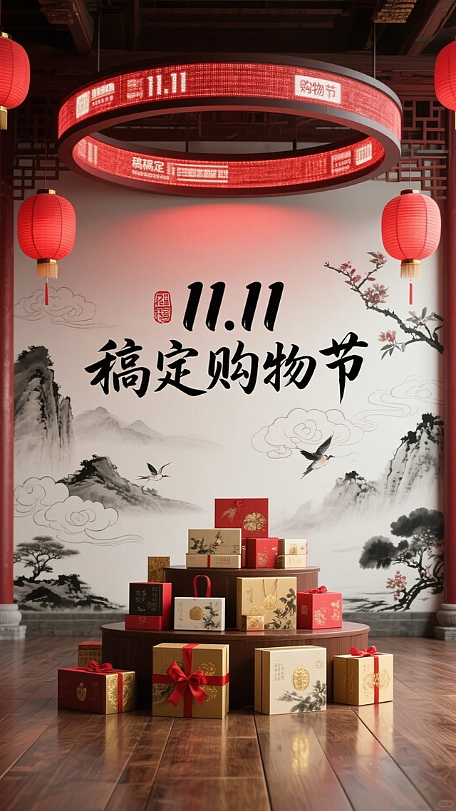 国潮风融合水墨山水与重拟物礼盒，大字风标题彰显双十一喜庆感，中式古典建筑与红灯笼烘托节日氛围，浮世绘风格点缀细节，呈现11.11购物节的典雅与热闹。