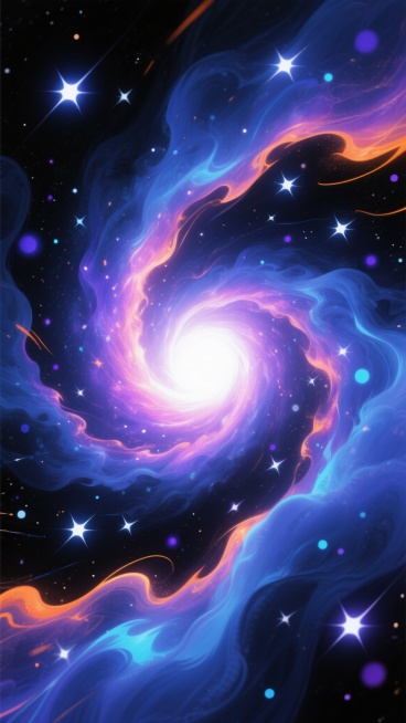 深邃神秘的黑色宇宙背景，中央是绚烂夺目的星云漩涡，以明亮的白色为核心，向外辐射出蓝紫色与粉橙色的渐变光芒，周围环绕着飘逸流动的深蓝色能量云带，云带边缘点缀着橙色与青色的光斑，无数闪烁的白色、蓝色、紫色预览效果
