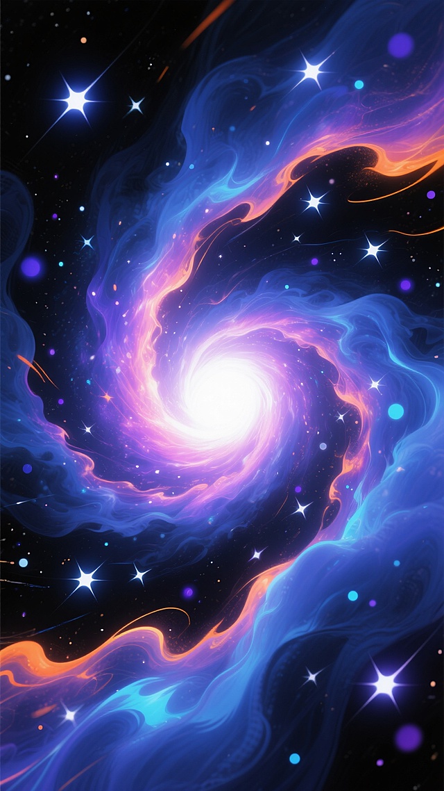 深邃神秘的黑色宇宙背景，中央是绚烂夺目的星云漩涡，以明亮的白色为核心，向外辐射出蓝紫色与粉橙色的渐变光芒，周围环绕着飘逸流动的深蓝色能量云带，云带边缘点缀着橙色与青色的光斑，无数闪烁的白色、蓝色、紫色星辰散布其间，部分星辰带有细长的光芒轨迹，整体呈现出梦幻、壮丽、充满动感的宇宙奇观，色彩浓郁饱和，光影对比强烈，具有数字艺术的平滑质感与细腻过渡