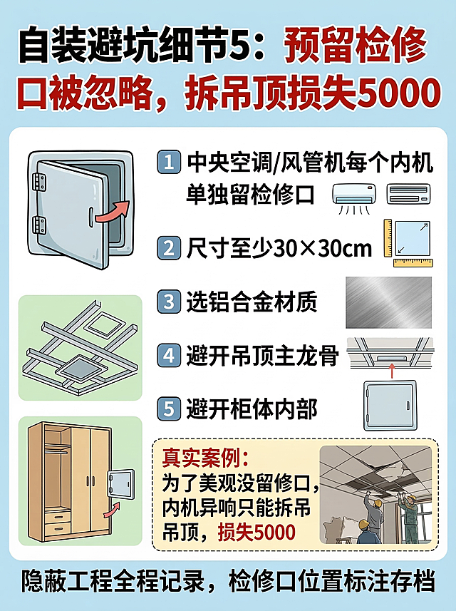 小红书风格家居装修科普海报，主题为自装避坑细节5：预留检修口被忽略，拆吊顶损失5000，左侧有检修口卡通图标，醒目红色警示标题，下方列出中央空调/风管机每个内机单独留检修口、尺寸至少30×30cm、选铝合金材质、避开吊顶主龙骨和柜体内部的避坑要点，搭配真实案例文字“为了美观没留检修口，内机异响只能拆吊顶，损失5000”，底部有“隐蔽工程全程记录，检修口位置标注存档”的服务宣传，整体风格和前面海报统一，清晰实用