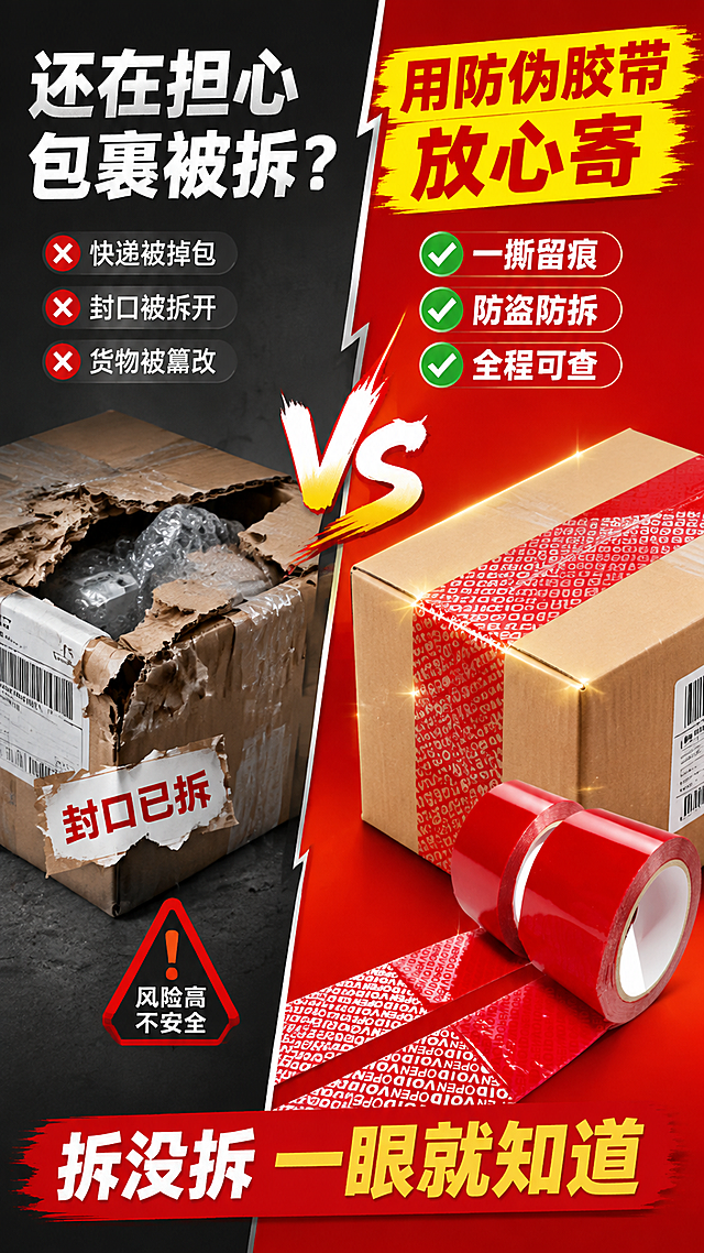 [第2张] 详情页痛点对比-快递包装被拆风险与防伪胶带解决方案。本张使用【图1】作为商品主体（右侧解决区）。
[氛围/风格] 拼多多风格，左右对比强烈，痛点直击，商业摄影质感，情绪反差明显。
[元素布局] 画面左右分栏对比：左侧上半部分为灰色调痛点场景——被拆开的快递箱、破损封口、可疑拆痕，配警示符号；右侧下半部分为明亮红色解决场景——完好的快递箱用防伪胶带封口，胶带卷放在旁边，VOID字样清晰可见；中间用VS或箭头分隔；胶带产品外观与输入图一致。
[光影质感] 左侧冷灰偏暗光线营造不安感，右侧暖红明亮光线营造安全感，两侧光影对比鲜明。
[配色色系] 左半区底色 #4A4A4A 深灰色；右半区底色 #E60012 正红色；文字白色+黄色高亮。
[视角构图] 左右分栏对比构图，中间竖向分割线，阅读动线从左痛点 → 中间箭头 → 右解决方案。
[文字版式] 版式为左右对比分栏。左侧顶部大标题「还在担心包裹被拆？」白色粗体；下方3个痛点短句「快递被掉包」「封口被拆开」「货物被篡改」每项配红色叉号图标。右侧顶部大标题「用防伪胶带 放心寄」黄底红字；下方3个解决点「一撕留痕」「防盗防拆」「全程可查」每项配绿色对勾图标。底部横条强调「拆没拆 一眼就知道」。
[比例分辨率] 9:16 竖版比例，4K分辨率，文字清晰可辨，高清画质。
[负向提示词] 胶带变形，颜色偏差，文字错乱，水印，产品图模糊，背景杂乱，文字过小。