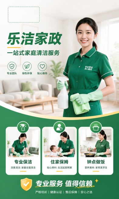 专业家政服务灯箱海报，写实商业摄影风格，画面清晰明亮，专业可信。顶部左上角预留位置放置"乐洁家政"LOGO，主视觉为一位微笑专业的亚洲女性保洁师，穿着绿色工装。主标题为"乐洁家政"，副标题为"一站式家预览效果