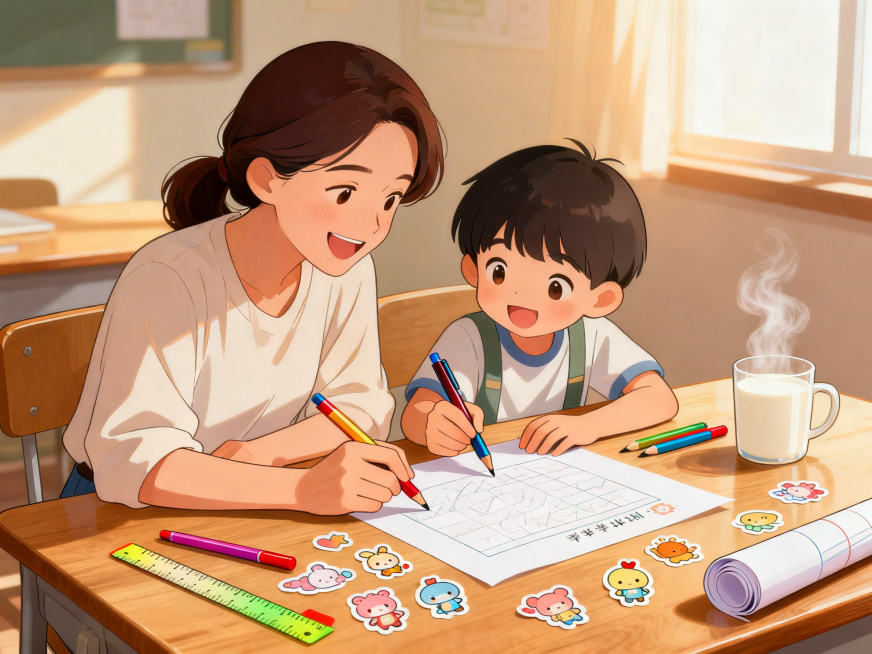 温馨治愈的亲子场景插画，暖色调灯光下，家长和孩子一起坐在木质书桌旁，两人都拿着彩笔，笑着凑在一起讨论绘制新学期计划，桌面上散落着可爱的卡通贴纸、彩色尺子、卷起来的画纸，旁边还有一杯冒着热气的热牛奶，整预览效果