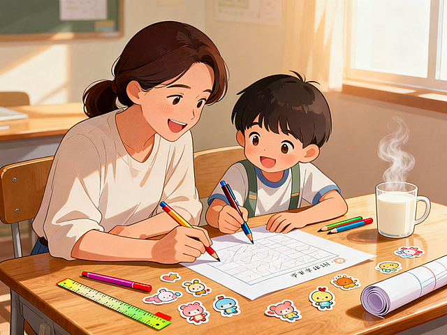 温馨治愈的亲子场景插画，暖色调灯光下，家长和孩子一起坐在木质书桌旁，两人都拿着彩笔，笑着凑在一起讨论绘制新学期计划，桌面上散落着可爱的卡通贴纸、彩色尺子、卷起来的画纸，旁边还有一杯冒着热气的热牛奶，整体氛围温暖柔和，充满幸福感，风格清新卡通