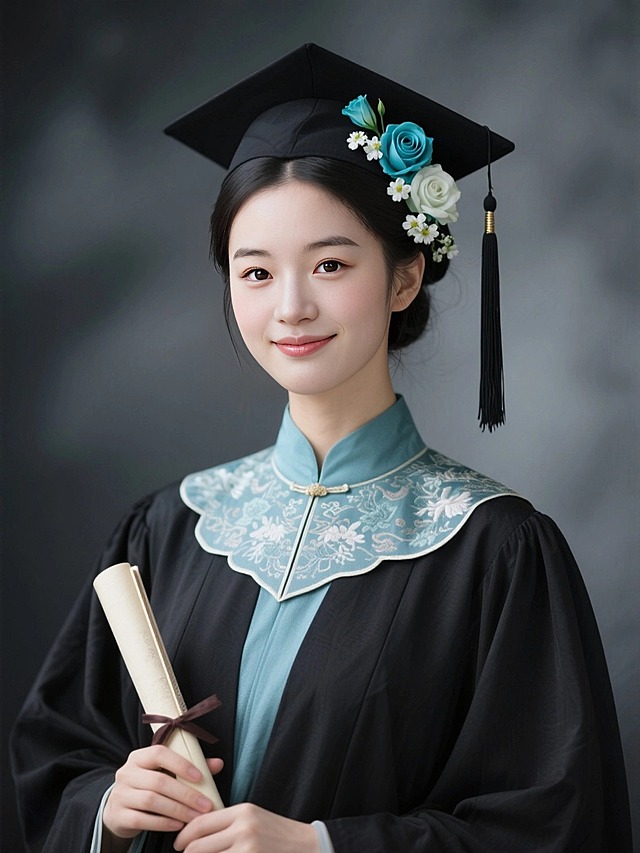 女生证件照，黑色学士袍，内衬是天青色汉服，鬓角和帽子上簪青色洋桔梗和青色玫瑰、白色小花，学士帽穗子，手执卷轴，领口复古花纹，黑灰色朦胧背景。