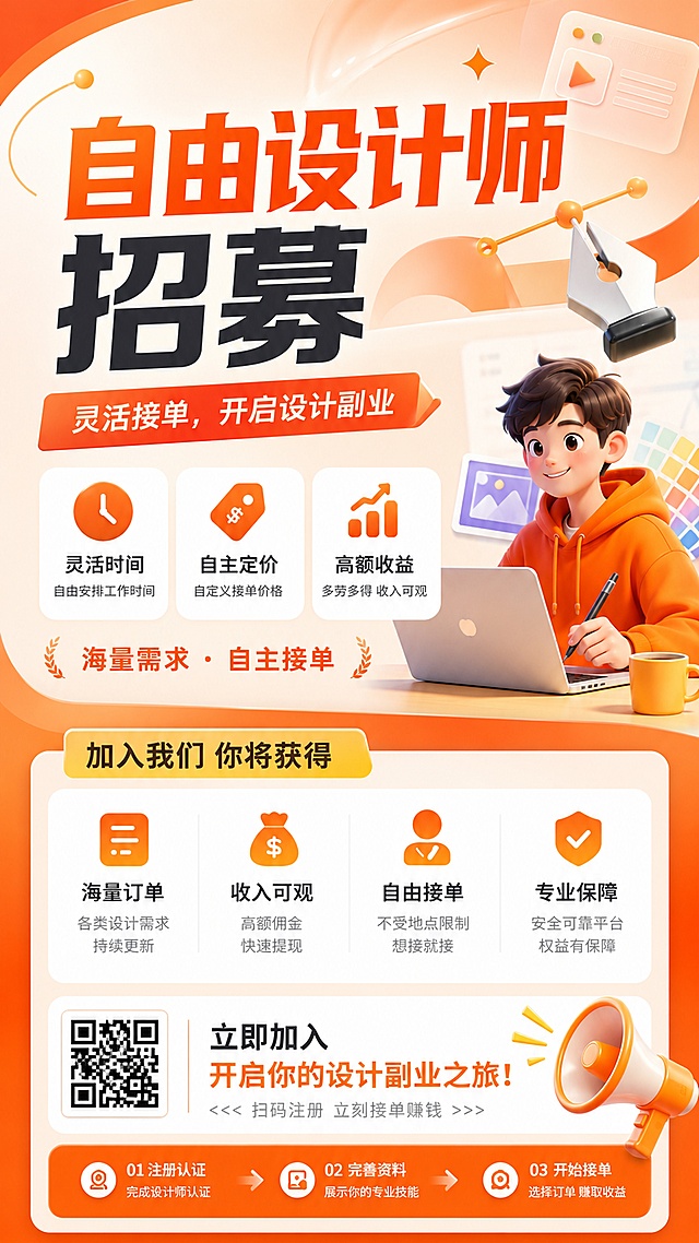 现代简约商业风格的招募海报，配色参考参考图的橙色活力风格，版式参考参考图的结构，顶栏主标题，主标题为"自由设计师招募"，副标题为"灵活接单，开启设计副业"，卖点标签为"灵活时间"、"自主定价"、"高额收益"，装饰文案为"海量需求 · 自主接单"，排版分区清晰，大标题突出，版式精美，整体色调温暖活力，9:16竖版，4K超高清，文字清晰可读