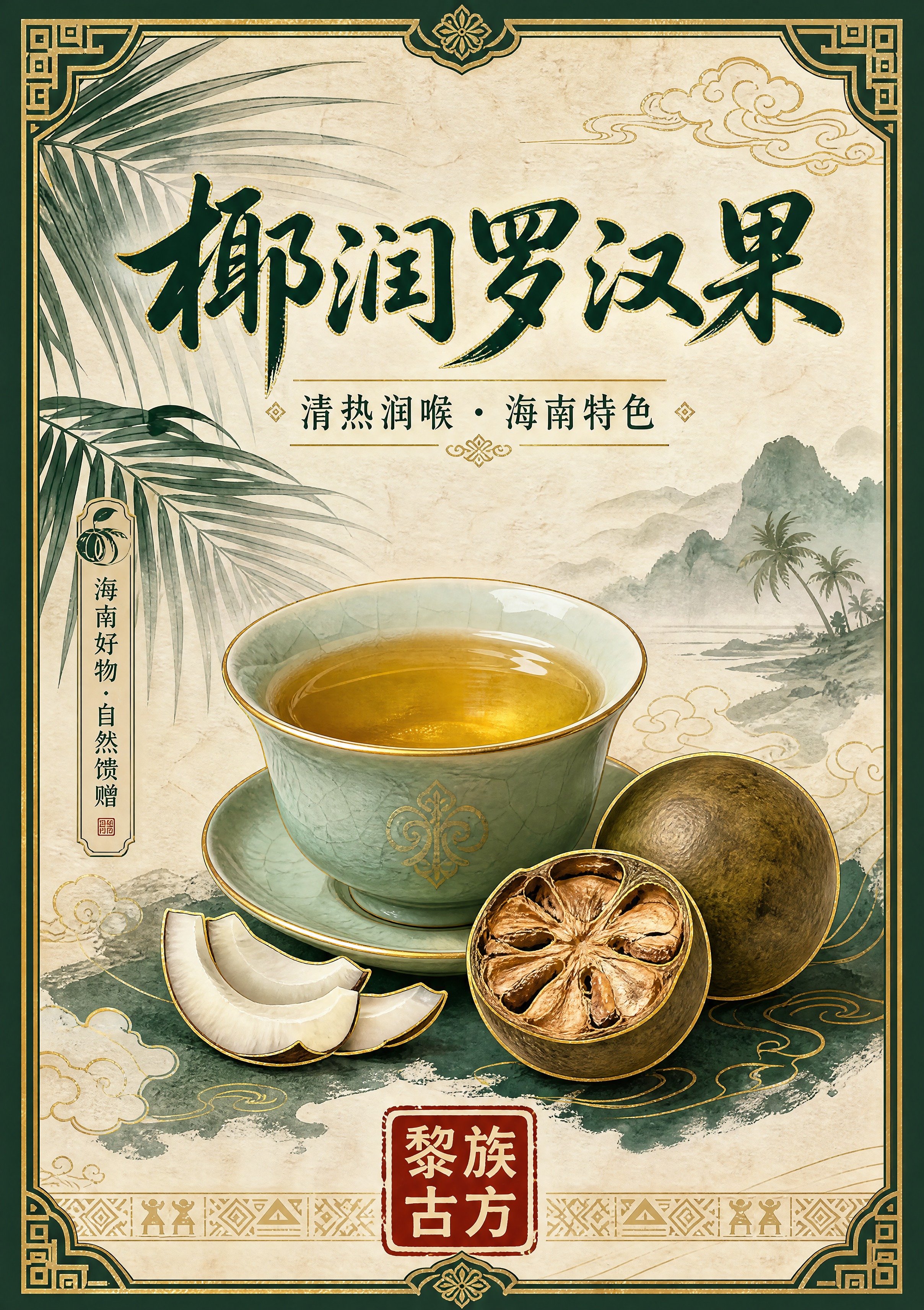 设计一张A5竖版茶品介绍立牌正面，椰润罗汉果专属新中式国潮风格… - 图片创意预览