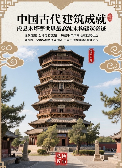 宣传类应县木塔文化海报，顶部主标题"中国古代建筑成就"，大标题"应县木塔丨世界最高纯木构建筑奇迹"，副标题标注"辽代建造 全塔无钉无铆 历经千年风雨地震依然伫立"，下方补充"现存唯一全木结构楼阁式佛塔预览效果