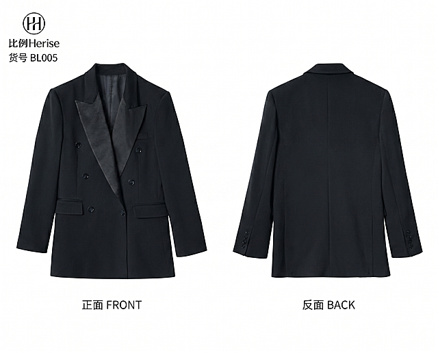 完全模仿参考版式，左侧放正面黑色双排扣西装外套，右侧放反面黑色双排扣西装外套，底部分别标注文字"正面 FRONT"和"反面 BACK"，左上角添加品牌文字"比例Herise"和货号"BL005"，背景纯白色，简约高级风，使用用户提供的正确正反面图进行排版