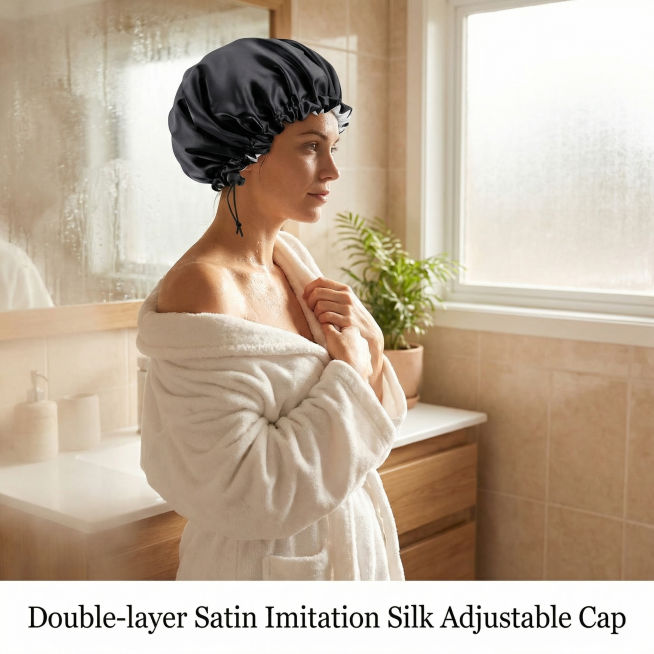show the product Double-layer satin imitation silk adjustable bath sleep cap being worn by a woman i预览效果