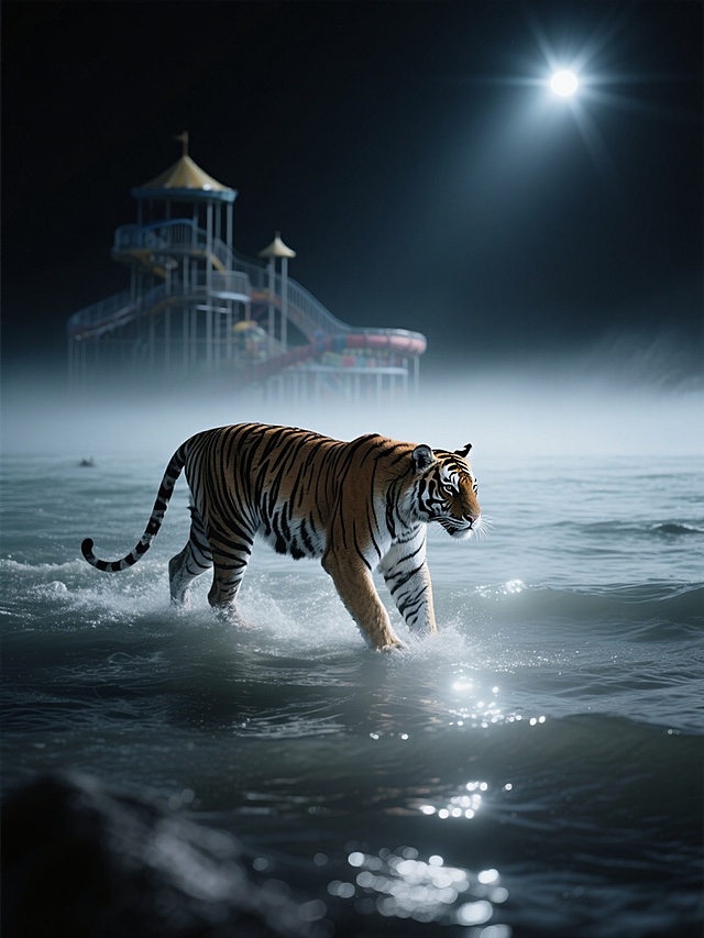 一只老虎在海水里漫步（朝着观众的方向走来），海水中有个游乐园