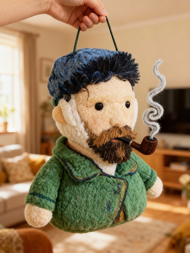 毛发生长风与刺绣风结合，软3D质感的拟人化老者挂件，手持烟斗，烟雾缭绕，卡通可爱，温馨趣味，节日氛围浓厚。