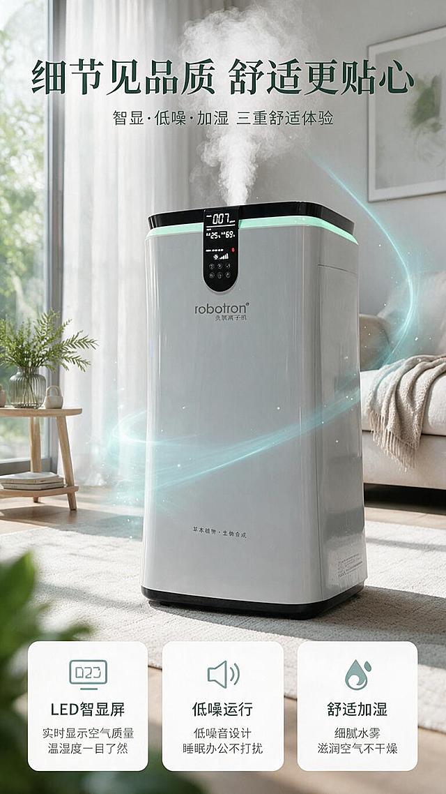 [商品] 使用【图1】robotron负氧离子机正面产品图；保留产品整体结构、黑色数显面板细节、robotron品牌Logo、顶部指示灯带、按键区域等细节；产品顶部有细腻加湿雾气溢出。
[画面] 目标：细节与使用体验展示，突出智显操作、低噪运行、舒适加湿三大细节体验。构图：竖版9:16，上半部分展示产品正面中近景，重点突出顶部数显屏和操作按键区域，产品顶部有细腻白色加湿雾气；下半部分为三个横向排列的细节体验卡片，分别对应智显、低噪、加湿。背景：温馨明亮的居家客厅场景，落地窗+纱帘+绿植，柔和自然光，空气中有淡淡的薄荷青负氧离子光效。阅读动线：顶部标题→上半部分产品细节→下半部分三体验卡片。
[视觉] 套系策略：风格=森林生态自然风+科技感商业摄影；标题字=大气宋体粗体；正文字=现代无衬线体；主色=深森林绿+薄荷青+米白；背景延展=浅米白居家场景+绿植点缀+柔和自然光；强调色=薄荷青荧光绿，用于图标和高亮；标题色=深森林绿；正文色=深灰；组件=圆角白底细节卡片、细线图标；光影=左前侧柔和自然光，产品质感细腻。
[文字] 顶部主标题"细节见品质 舒适更贴心"，副标题"智显·低噪·加湿 三重舒适体验"；下半部分三张横向卡片，每张配图标+标题+说明：1.LED智显屏：实时显示空气质量 温湿度一目了然 2.低噪运行：低噪音设计 睡眠办公不打扰 3.舒适加湿：细腻水雾 滋润空气不干燥；文字均为横排。
[规格] 图片比例9:16竖版，分辨率1K，淘宝/天猫详情页风格，避免变形、错字、文字过小、产品结构失真、连续同构。
