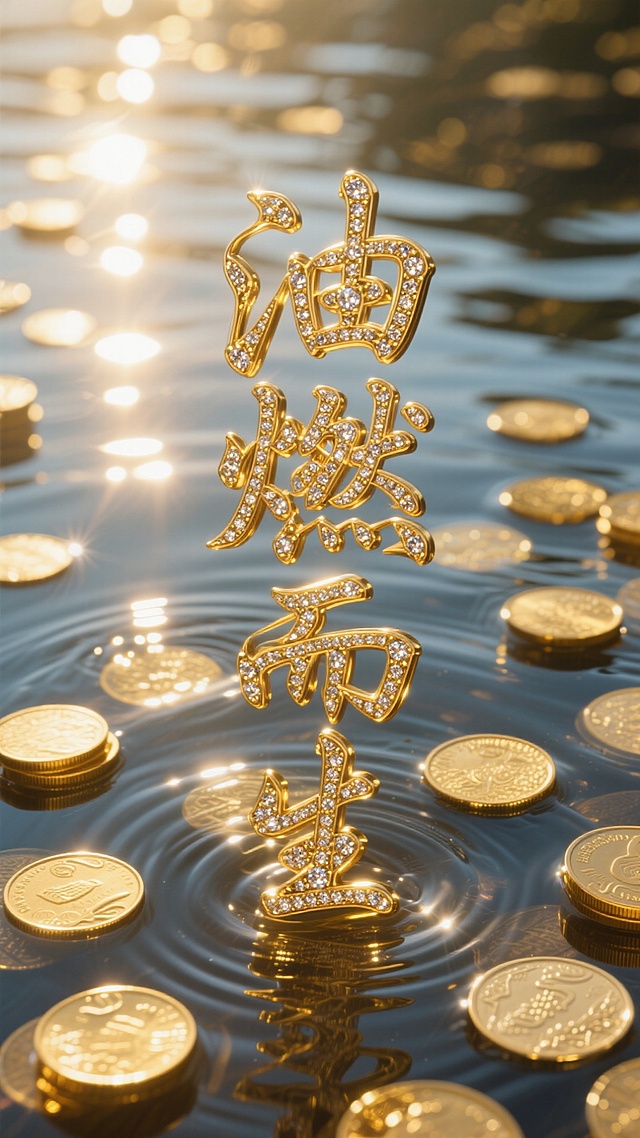 主体为金子做的“油燃而生”，上面镶嵌珠宝，毛笔书法字体竖排版，背景：金币散落在清澈水中，暖阳光在硬币和水波纹上投射清晰高光与阴影，奢华金色调，硬币表面和水纹的精细纹理，散点构图带局部扎堆，浅景深模糊背景