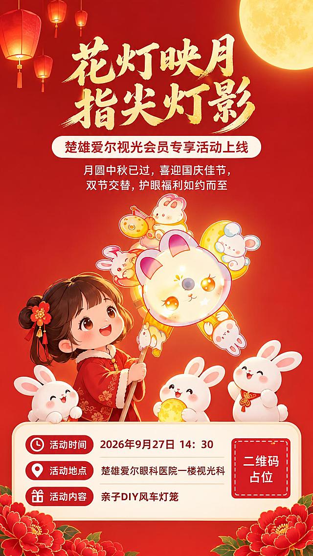 竖版活动海报，9:16比例。纯净暖红色渐变背景，非常简洁。背景中只有右上角一个金黄色的大圆月，和左上角几盏悬挂的红色孔明灯，除此之外没有任何其他背景元素，没有建筑、没有星星、没有烟花、没有水面、没有树木。

画面顶部是金色书法大标题"花灯映月 指尖灯影"，下方白色圆角标签写着"楚雄爱尔视光会员专享活动上线"。再下方是引言文字"月圆中秋已过，喜迎国庆佳节，双节交替，护眼福利如约而至"。

画面中央是一只可爱的卡通风车灯笼（五叶风车造型，中心是兔子脸，周围环绕小兔子和月亮元素，发光温暖），旁边有一个穿红衣的小女孩举着灯笼，还有几只可爱的小白兔。

底部是白色圆角信息卡片，包含三条信息：活动时间"2026年9月27日 14：30"、活动地点"楚雄爱尔眼科医院一楼视光科"、活动内容"亲子DIY风车灯笼"。右下角有红色二维码占位方块，写着"二维码占位"。底部有几朵红色牡丹花装饰。

整体风格温馨节日风，背景极简只有月亮和灯笼，干净清爽，突出主体。扁平插画风格，画面精致。所有数字精确渲染。