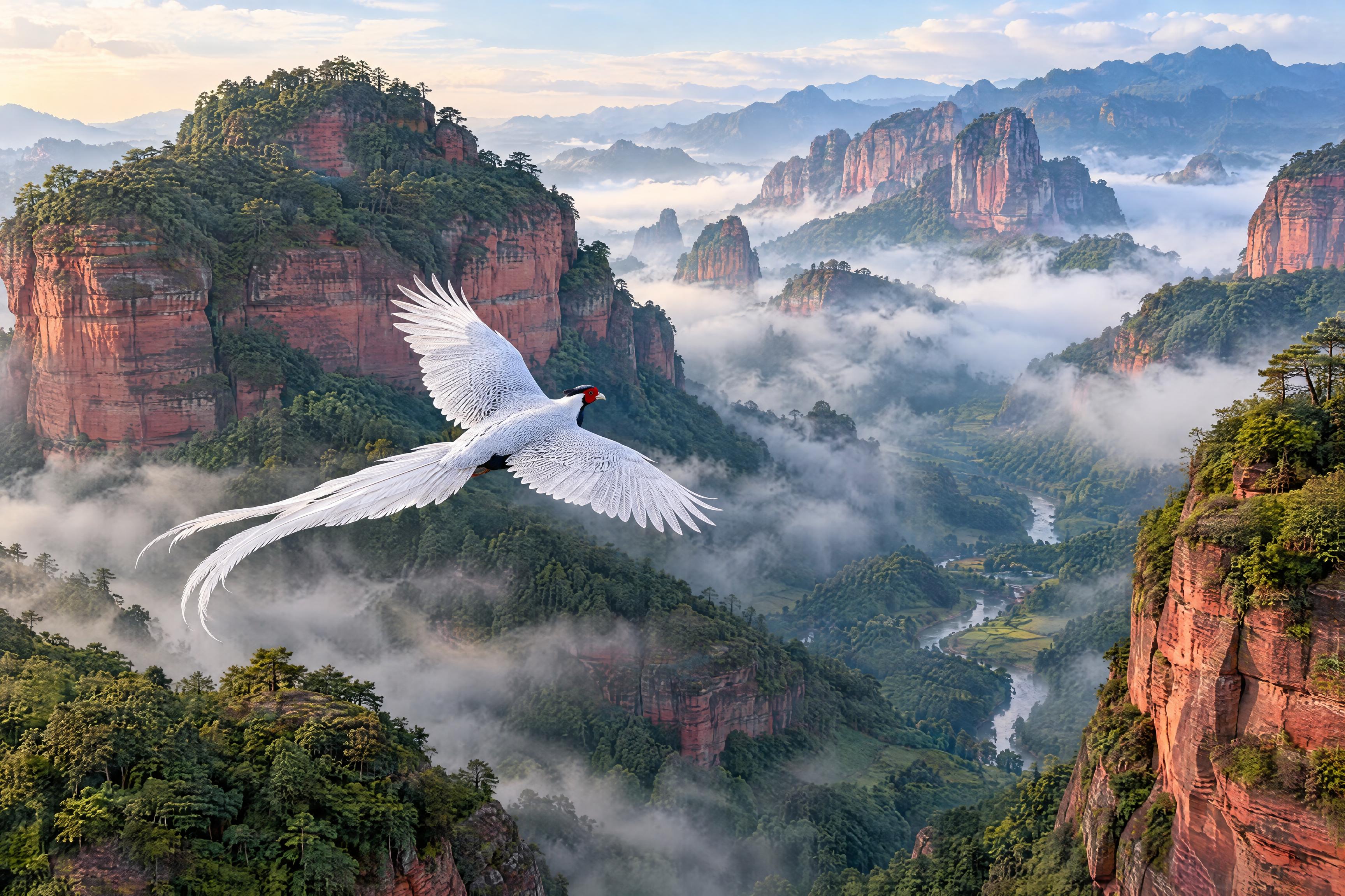 白鹇鸟在山谷间翱翔飞行，福建三明丹霞地貌山谷背景，远处是红色砂… - 图片创意预览