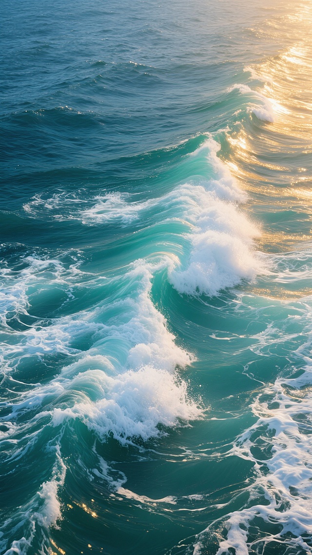 一张航拍视角的海面摄影照片，海水呈现从深蓝到明亮青绿色的渐变色调，波浪涌动，表面有大量白色的浪花和泡沫，整体呈现出高清、写实的质感。光线变换为柔和的侧逆光，海面一侧被温暖的金色阳光照亮，形成明显的光影对比，波浪的边缘泛着明亮的金色高光，而背光面则保持深邃的蓝色调，营造出既宁静又富有动感的氛围。