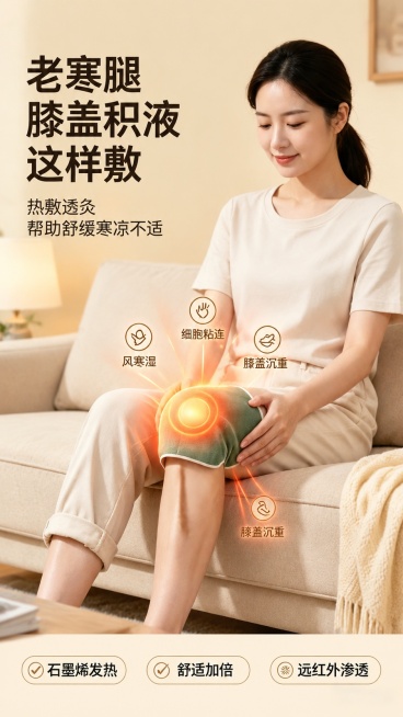 [第5屏] 居家使用场景展示-真人佩戴使用效果。本屏使用【图4】作为主体展示。
[氛围/风格] 温馨居家场景，真实自然，舒适放松的生活感，商业摄影质感。
[元素布局] 模特坐在沙发上，膝部佩戴产品，产预览效果