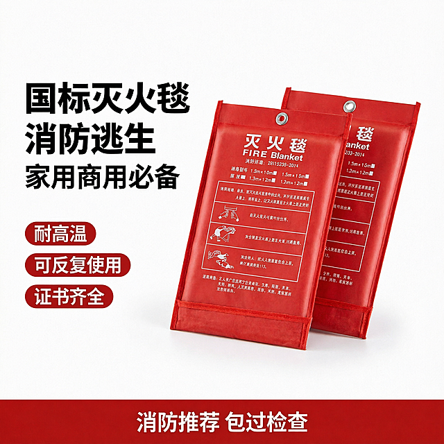 [单张主图] 国标灭火毯 消防逃生用品 爆款促销感主图，同时承担点击、理解、信任、转化四个任务，让用户快速认知商品与核心卖点。
[参考比对] 原参考图产品展示清晰，卖点明确，本次生成保留产品核心信息呈现方式，替换背景为纯白色，简化排版适配白色底图需求。
[画面主体] 两张红色包装灭火毯产品斜向前后错落摆放，主体完整，占画面约65%，红色包装、白色文字印刷、金属挂孔等产品外观、颜色、结构、文字信息与输入图片保持绝对一致，杜绝任何变形、色差和文字错乱，精细化处理包装纹理与印刷细节。
[构图版式] 采用左文右品标签参数型爆款版式，左侧文字区域，右侧产品区域，底部通栏信息条，整体层次清晰，符合淘宝天猫电商主图规范。
[场景元素] 纯白色干净背景，无多余道具与杂乱元素，背景完全留白，突出产品主体。左上角保留产品安全区，文字与信息块分区清晰不遮挡产品主体。
[文案版式] 左侧粗黑主标题分三行："国标灭火毯" "消防逃生" "家用商用必备"，主标题最大字号，粗黑无衬线字体，红色文字白色背景对比强烈；主标题下方排列三个胶囊卖点标签，分别为"耐高温"、"可反复使用"、"证书齐全"，红色胶囊白色文字；底部1/5高度通栏红色色块，放置白色文字："消防推荐 包过检查"，居中对齐，字号突出。商品主体清晰不被文字遮挡。
[光影质感] 均匀明亮的商业摄影布光，主光正面打亮产品，轮廓高光清晰，包装红色饱和度正常，阴影柔和不生硬，产品与纯白背景过渡自然，整体画质清晰通透，商品细节锐利。
[配色字体] 主色调红白搭配，红色产品+红色文字与卖点块，白色背景与对比文字，高对比清晰易读；字体采用粗黑无衬线，主标题最大，卖点其次，底部通栏文字适中，字重对比明确。
[比例分辨率] 1:1 比例，2048x2048像素，分辨率4K，所有文字清晰可辨，超高清画质。
[负向提示词] 变形，水印，文字错乱，产品图模糊，背景杂乱，错字，伪Logo，主体遮挡，低清晰度，错误结构。