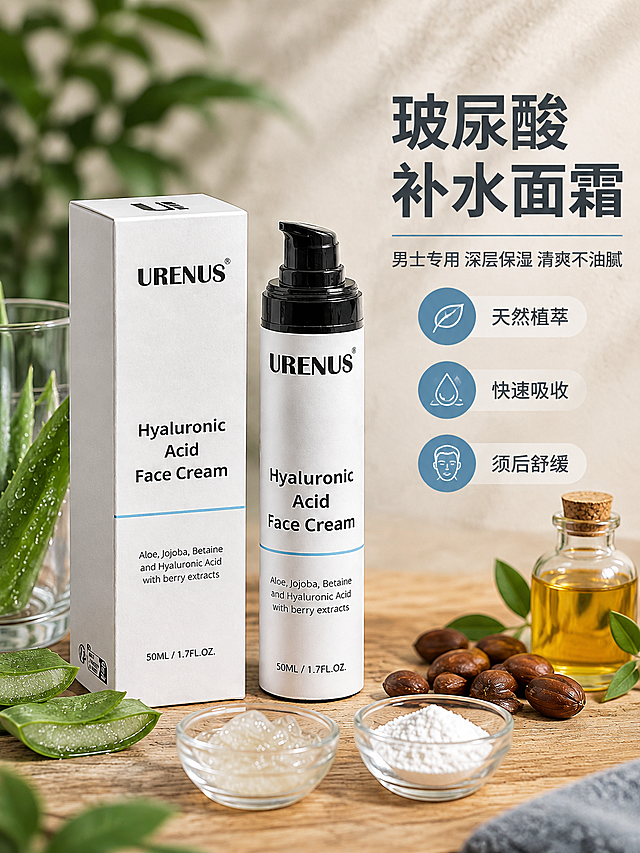 [商品] 使用【图1】URENUS玻尿酸面霜产品（白色按压泵瓶+白色外盒）；保留瓶身与盒身原有英文Logo、产品名、成分小字、容量标识等全部商品本体文字不翻译不修改，保留黑白瓶身配色、按压泵头、包装盒结构和材质质感。
[画面] 目标：产品主图头图，视觉冲击力强，突出男士玻尿酸面霜核心卖点。构图：左产品右文案，产品占画面55%，产品摆放在木质台面上，周围点缀芦荟叶片、荷荷巴籽、透明玻璃器皿等天然原料道具，背景为暖米色墙面+虚化绿植，前中后景层次丰富，高级商业摄影质感。
[视觉] 套系策略：风格=高级简约男士护肤商业摄影风；标题字=粗黑无衬线大字；正文字=简洁无衬线体；主色=雾霾灰蓝+米白；背景延展=基于米白/浅灰做深浅层级、同色渐变和细腻肌理质感；强调色=雾霾蓝，用于图标、引线、标签；标题色=深炭黑；正文色=中灰；组件=圆角浅底信息卡、细线引线、圆形图标；光影=左前侧柔和自然光，产品清晰有质感。
[文字] 右侧竖排文字区，主标题大字「玻尿酸补水面霜」，副标题「男士专用 深层保湿 清爽不油腻」，下方3个圆形图标卖点：「天然植萃」「快速吸收」「须后舒缓」，文字全部横向排版，不遮挡产品主体。
[规格] 图片比例3:4竖版，4K分辨率，负向提示：避免变形、错字、文字过小、瓶身文字被替换翻译、产品颜色改变、结构失真、极限词、医疗功效宣传。