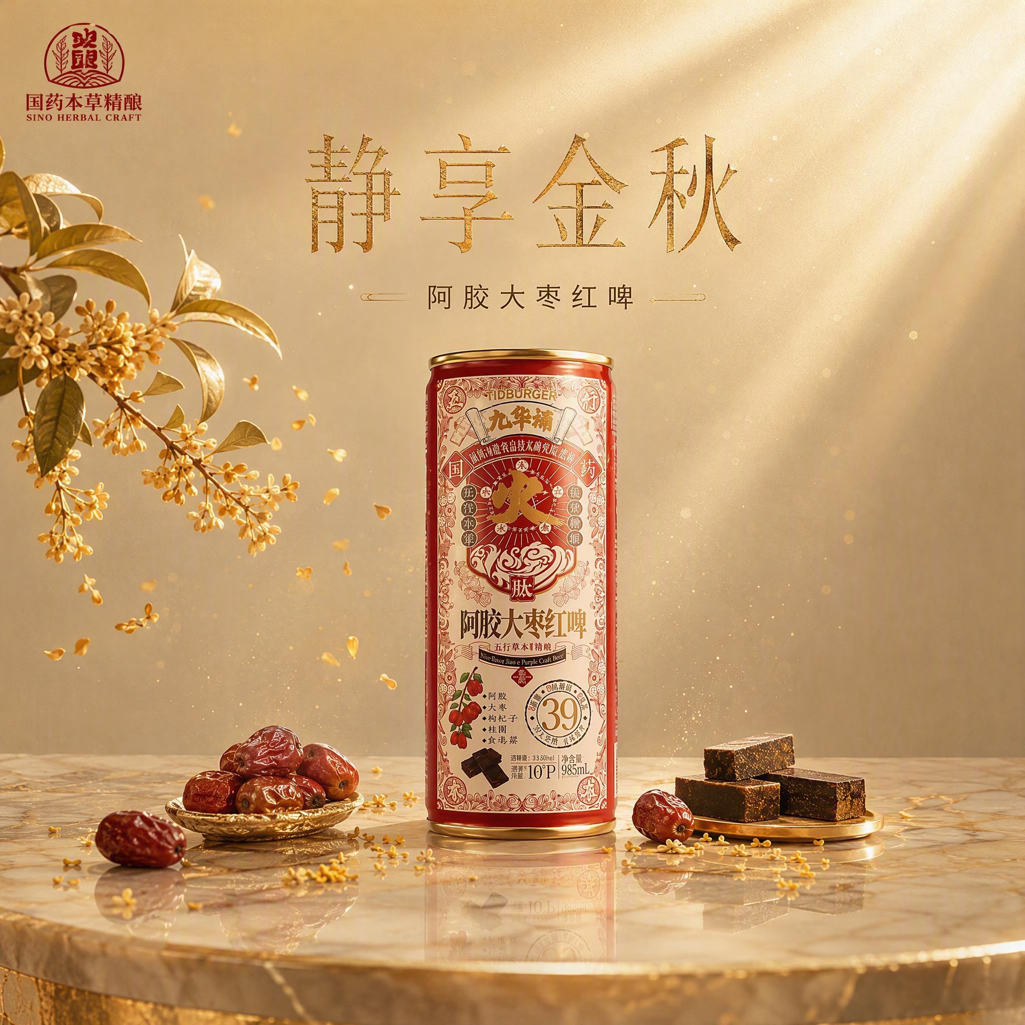 阿胶大枣红啤电商主图，金色静谧风格强化版。红色国潮花纹罐身放在… - 图片创意预览