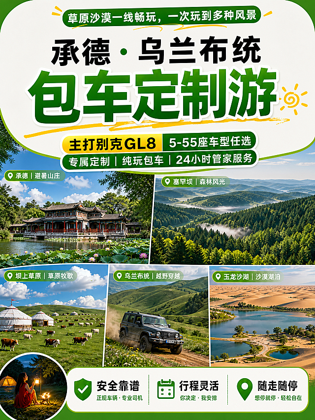 生成第二张图片 「图片1」以这个为模板 内容改为承德 塞罕坝 坝上草原 乌兰布统 玉龙沙湖 题目改为承德 乌兰布统